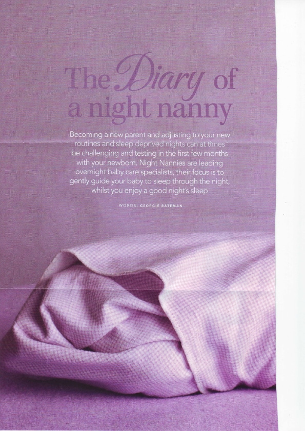 A soft, crumpled pink blanket lies on a purple background. Text above reads: The Diary of a night nanny. Subtext explains the challenges of new parenthood and the role of night nannies in helping babies sleep through the night. Night Nannies London