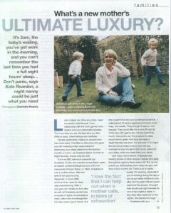 The You Magazine page showcases an article titled Whats a new mothers ULTIMATE LUXURY? It beautifully captures parenting experiences, with a mother sitting outdoors watching her two children play nearby. Engaging quotes and an inset photo of the family add depth to this heartfelt feature. Night Nannies London